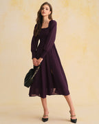 Purple Shirred Midi Dress with Lantern Sleeves in Chiffon