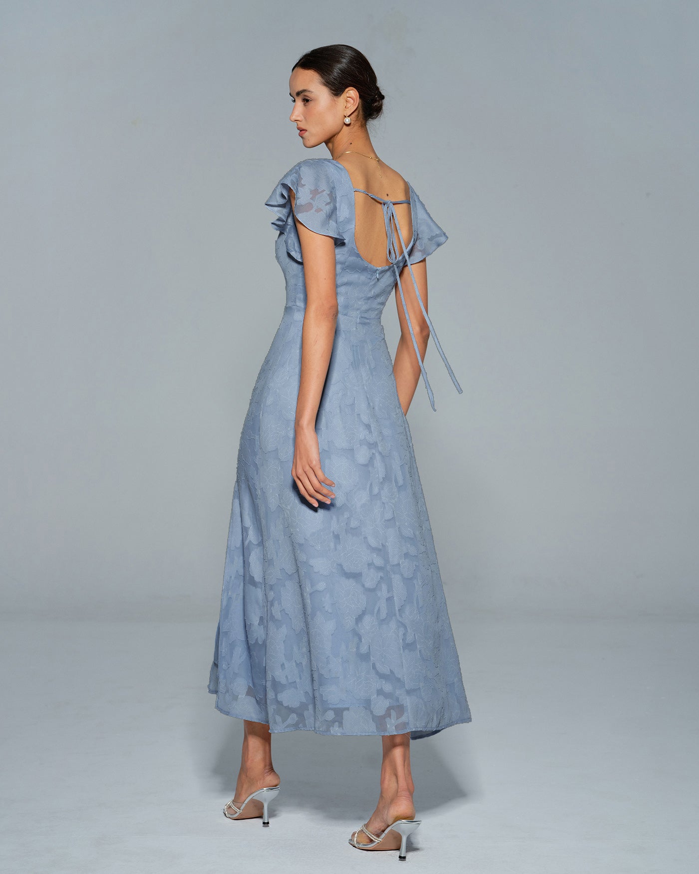 Floral Print Square Neck Midi Dress in Blue