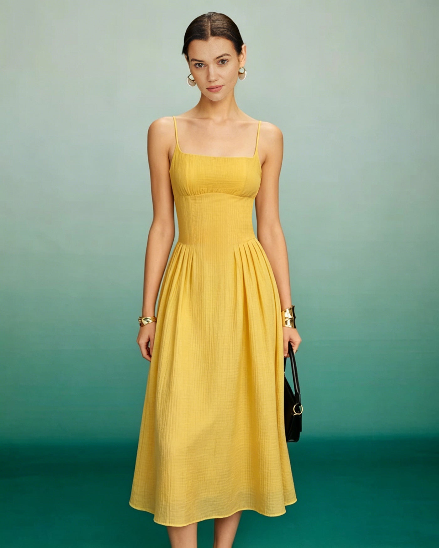 Yellow A-Line Midi Dress with Shirred Details