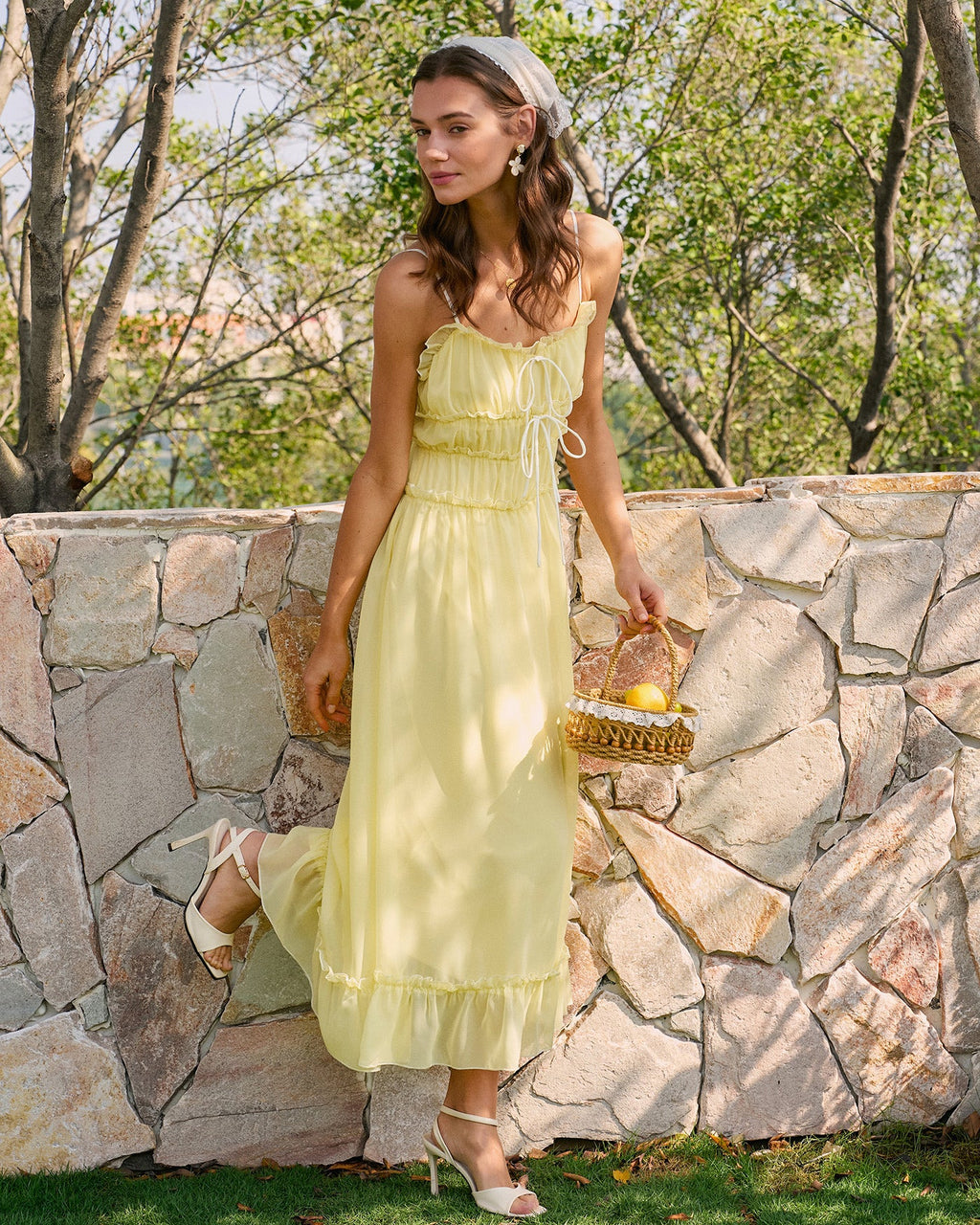 Yellow Ruffled Midi Dress with Sweetheart Neckline