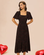 Floral Midi Dress with Black Square Neck and Butterfly Sleeves