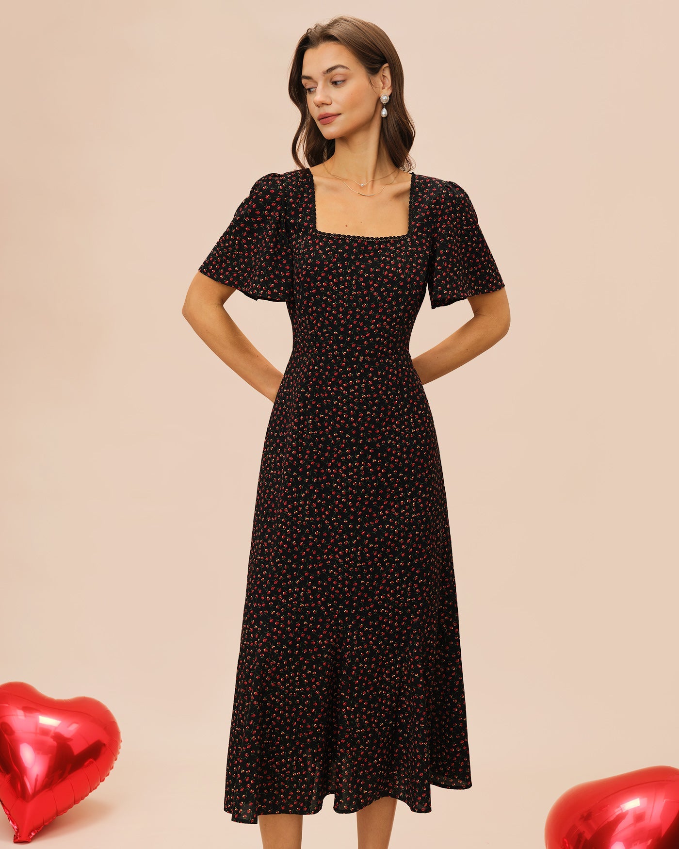 Floral Midi Dress with Black Square Neck and Butterfly Sleeves