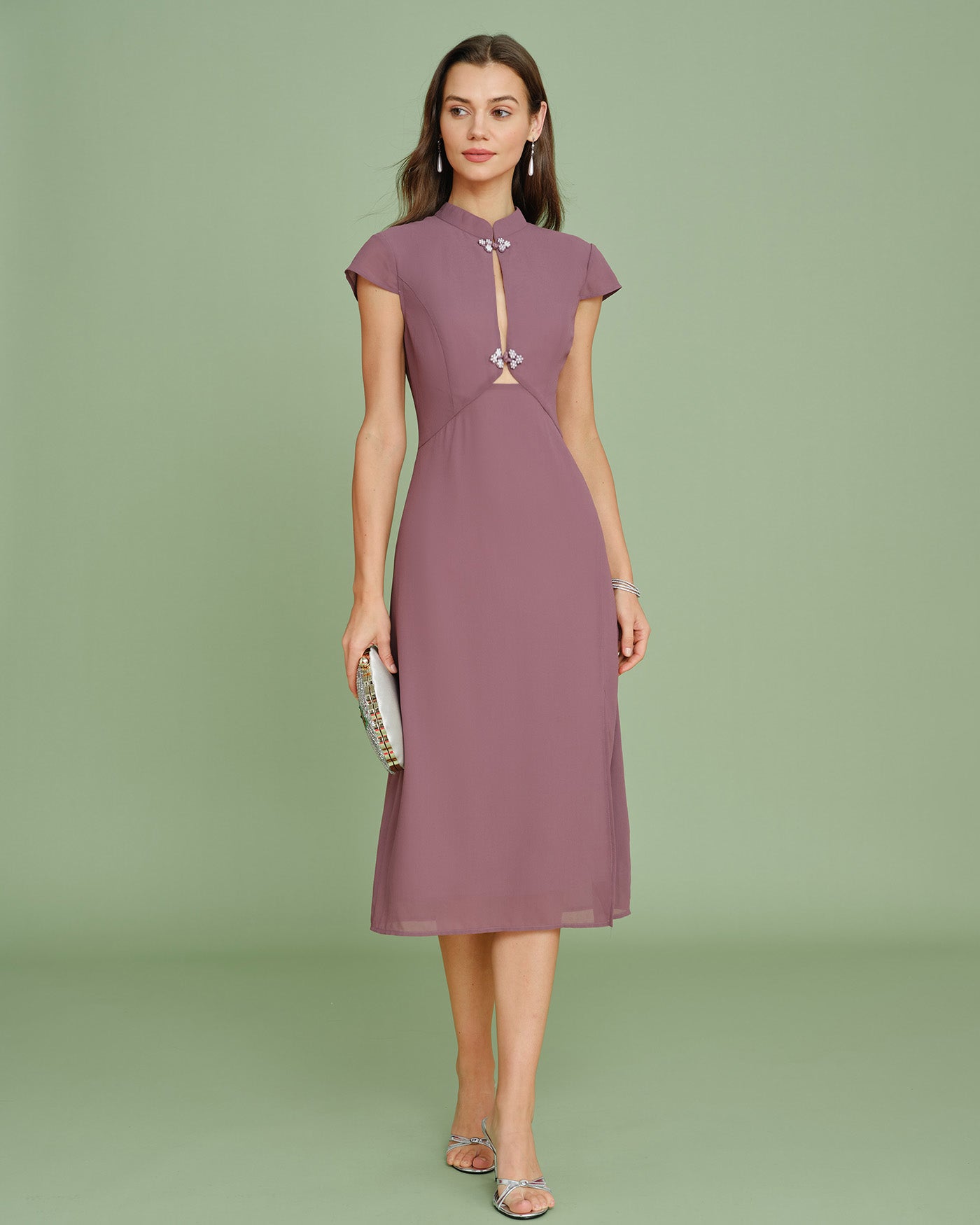 Chiffon Midi Dress with Purple Mandarin Collar