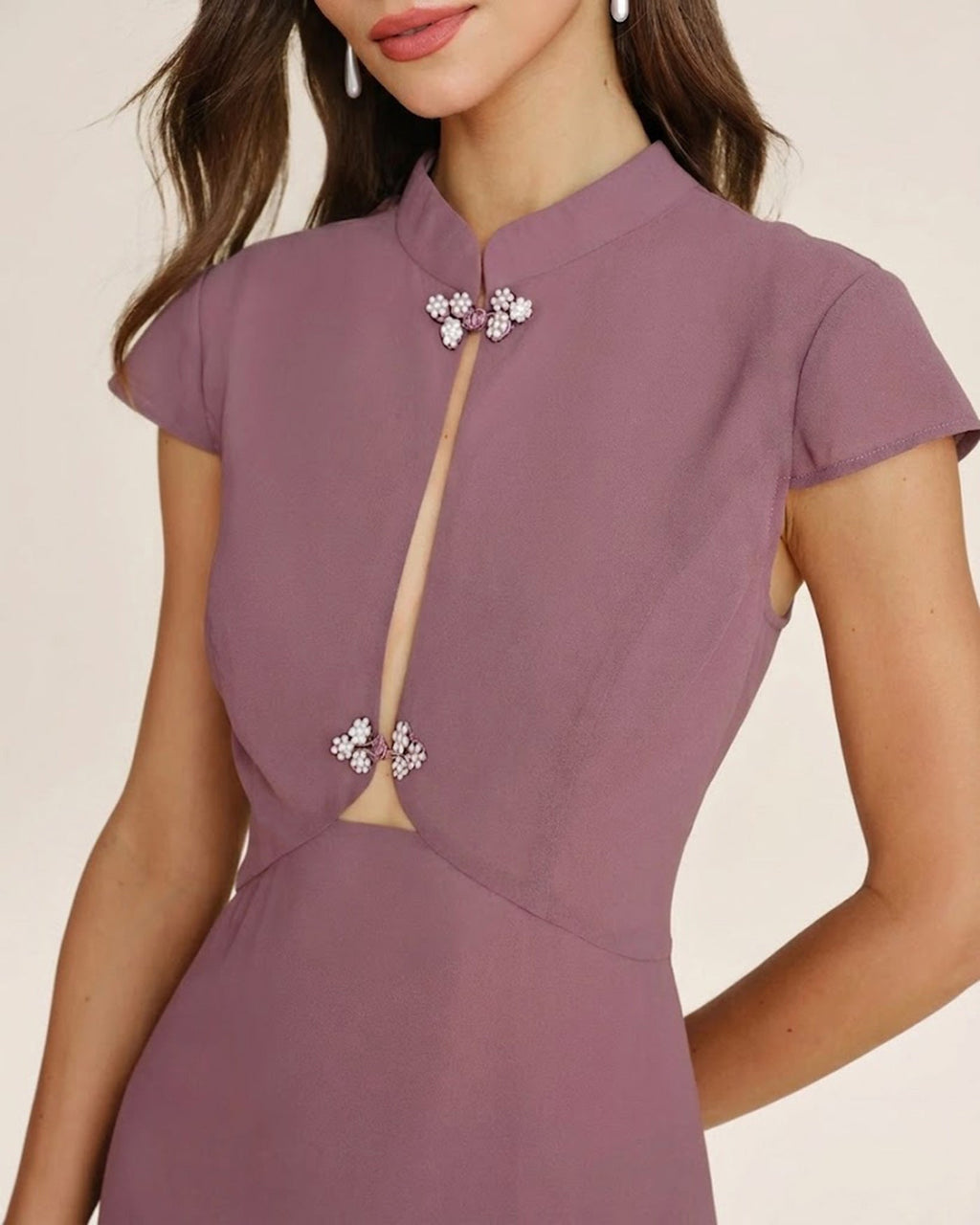 Chiffon Midi Dress with Purple Mandarin Collar