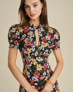 Floral Midi Dress with Puffed Sleeves in Black