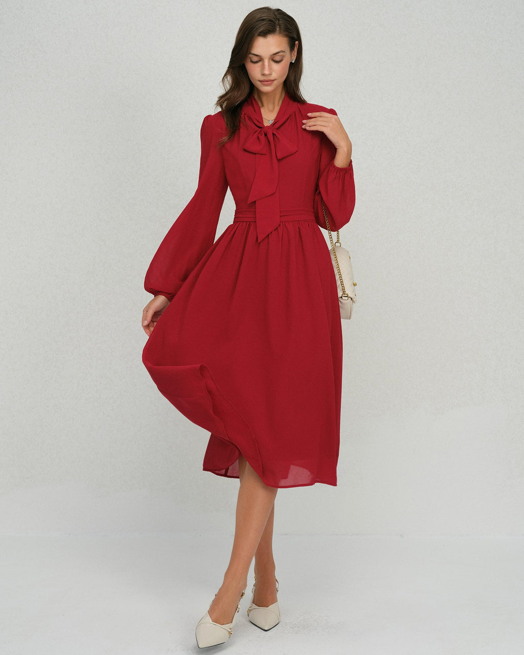 Wine Red Chiffon Midi Dress with Lantern Sleeves