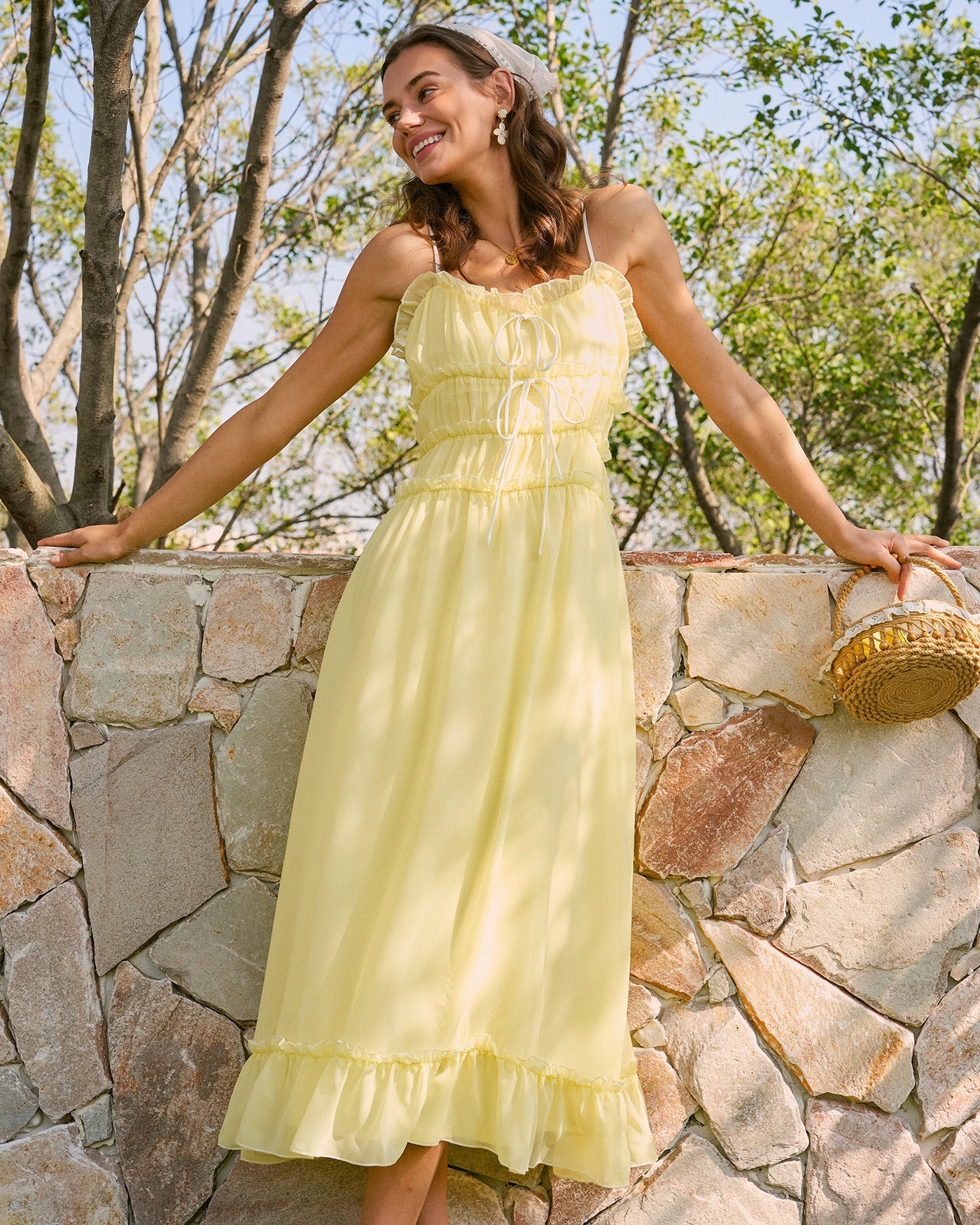 Yellow Ruffled Midi Dress with Sweetheart Neckline