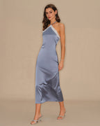 Blue Lace Midi Dress with Halter Neck