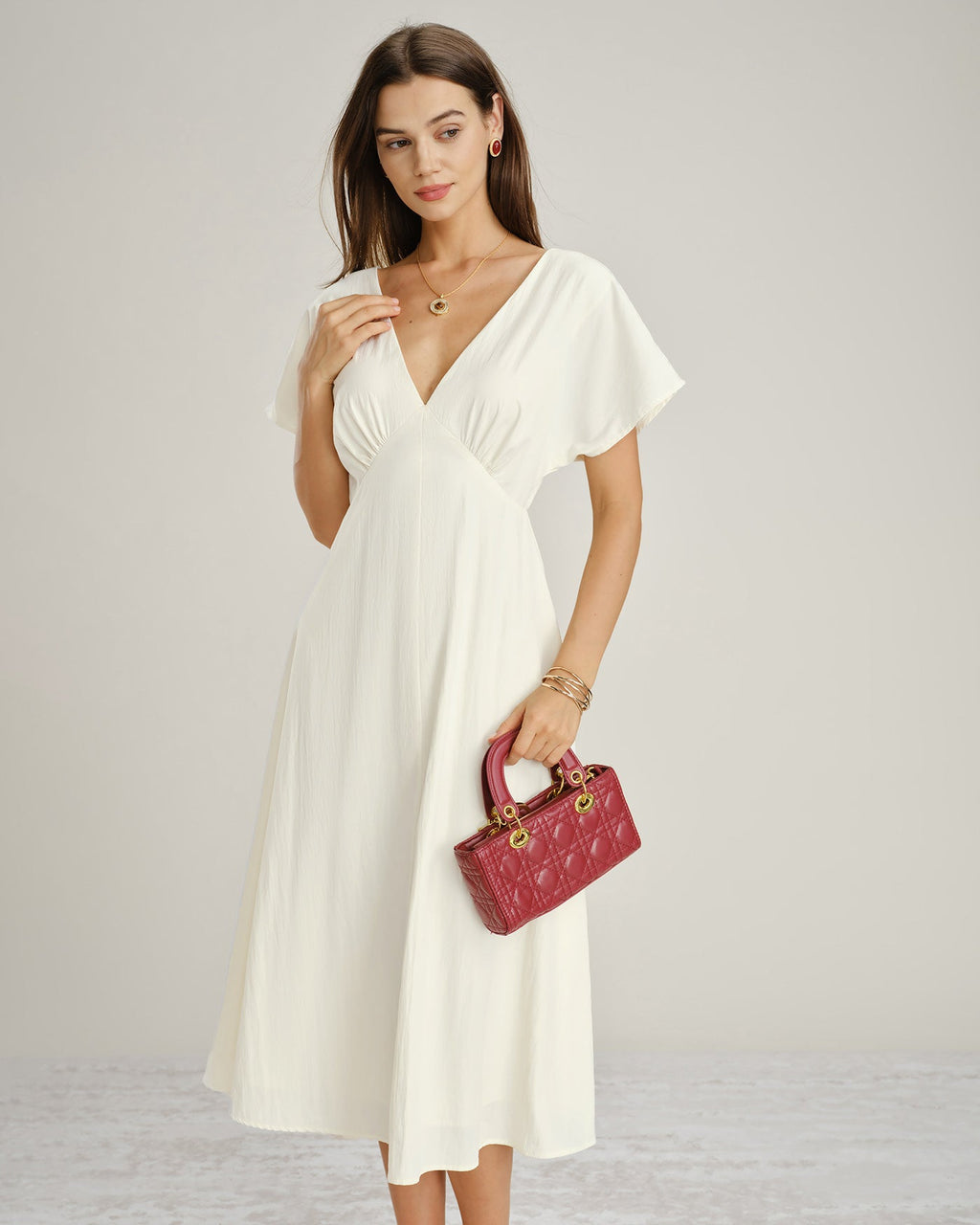Apricot V-Neck Midi Dress with Cowl Sleeves