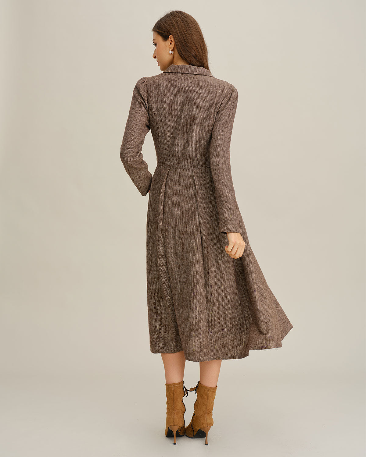 Brown Midi Dress with A-Line Pleats