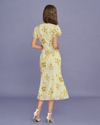 Floral Mermaid Midi Dress in Yellow with V-Neck