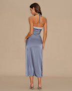 Blue Lace Midi Dress with Halter Neck