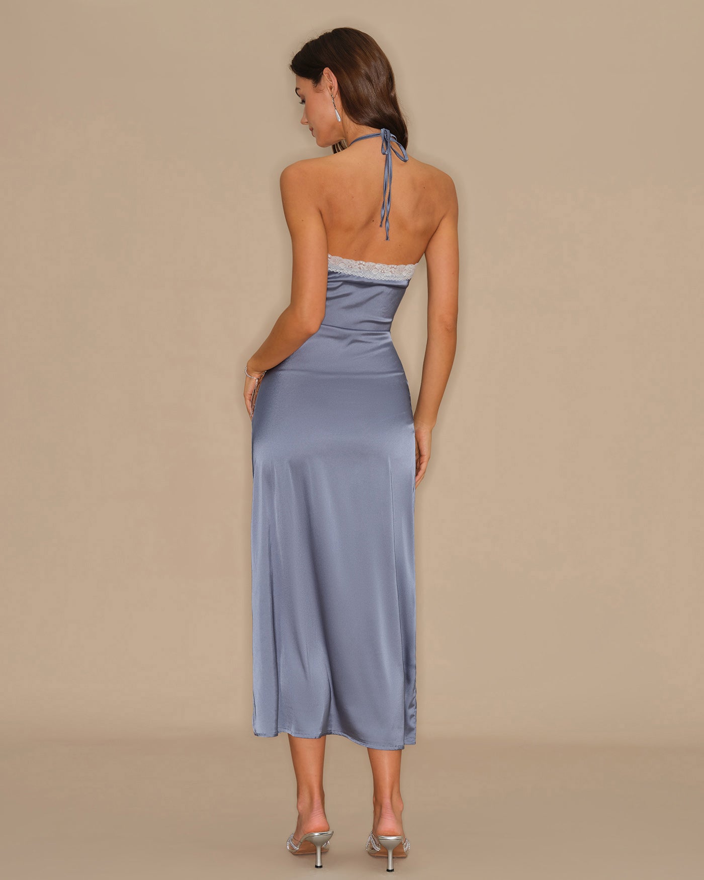 Blue Lace Midi Dress with Halter Neck