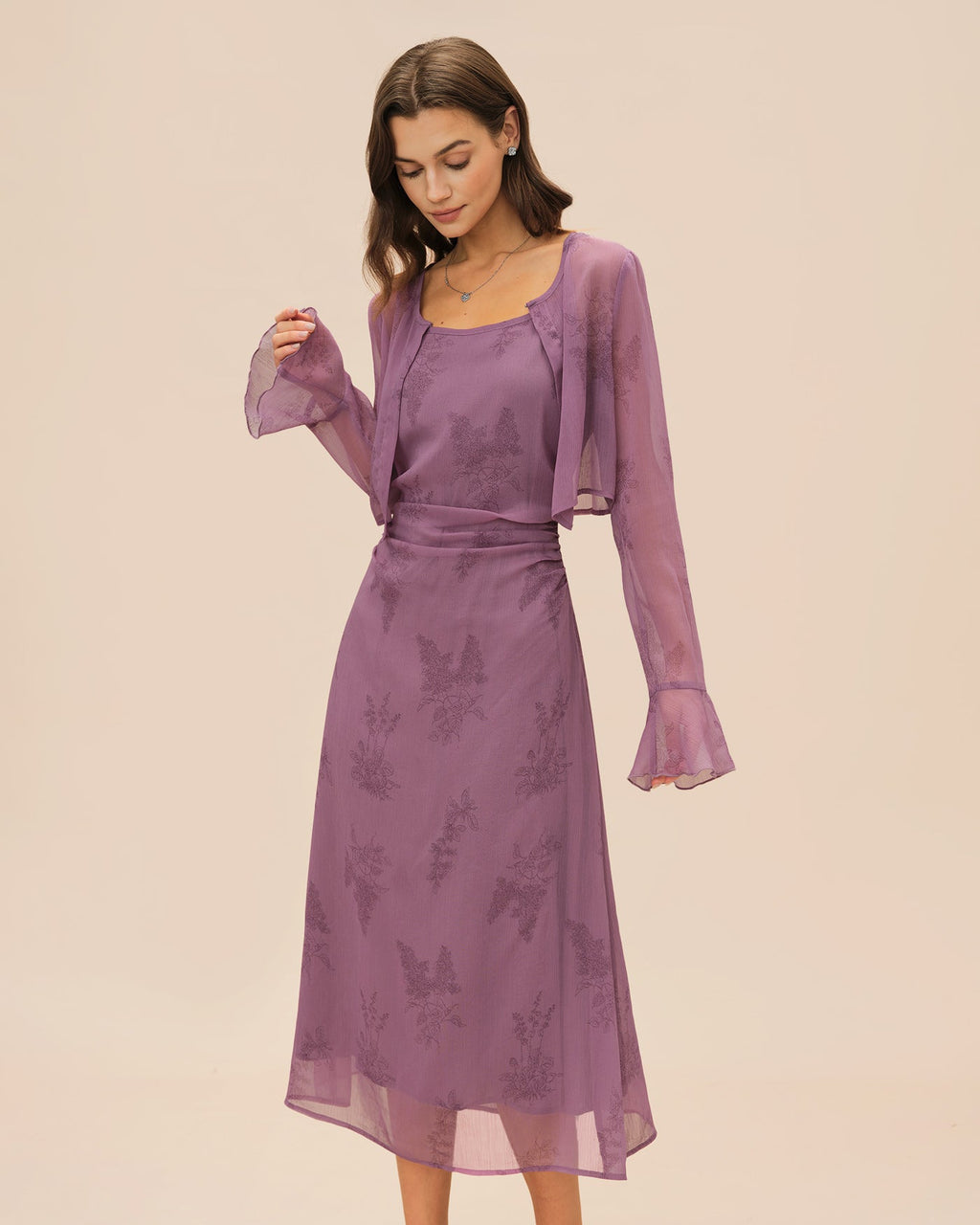 Ruched Midi Dress with Purple Floral Print