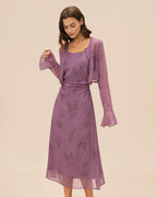Ruched Midi Dress with Purple Floral Print