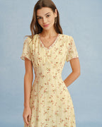Floral Midi Dress with V-Neck in Yellow