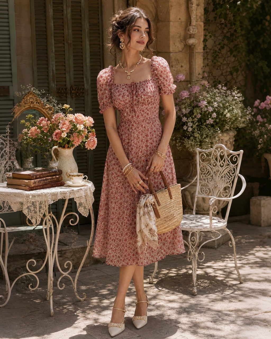 Floral Chiffon Midi Dress with Pink Square Neck