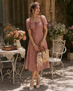 Floral Chiffon Midi Dress with Pink Square Neck