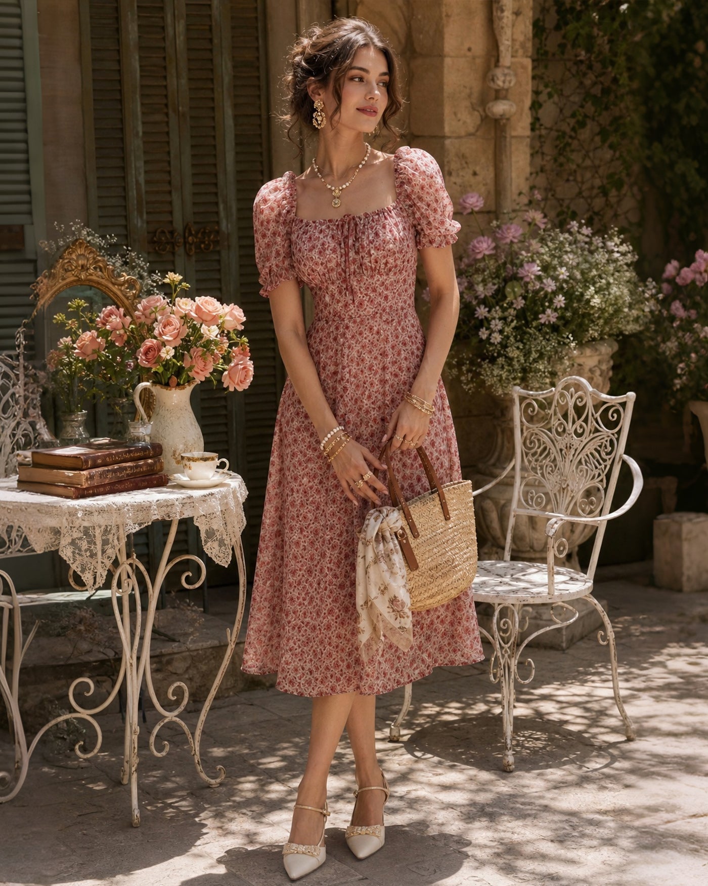 Floral Chiffon Midi Dress with Pink Square Neck