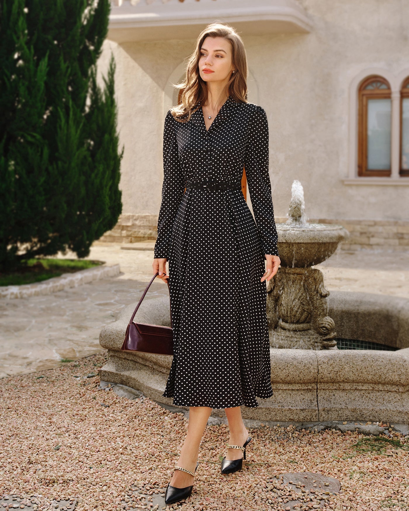 Polka Dot Midi Dress with Black Collar