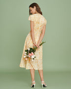 Floral Midi Dress with Yellow Cap Sleeves