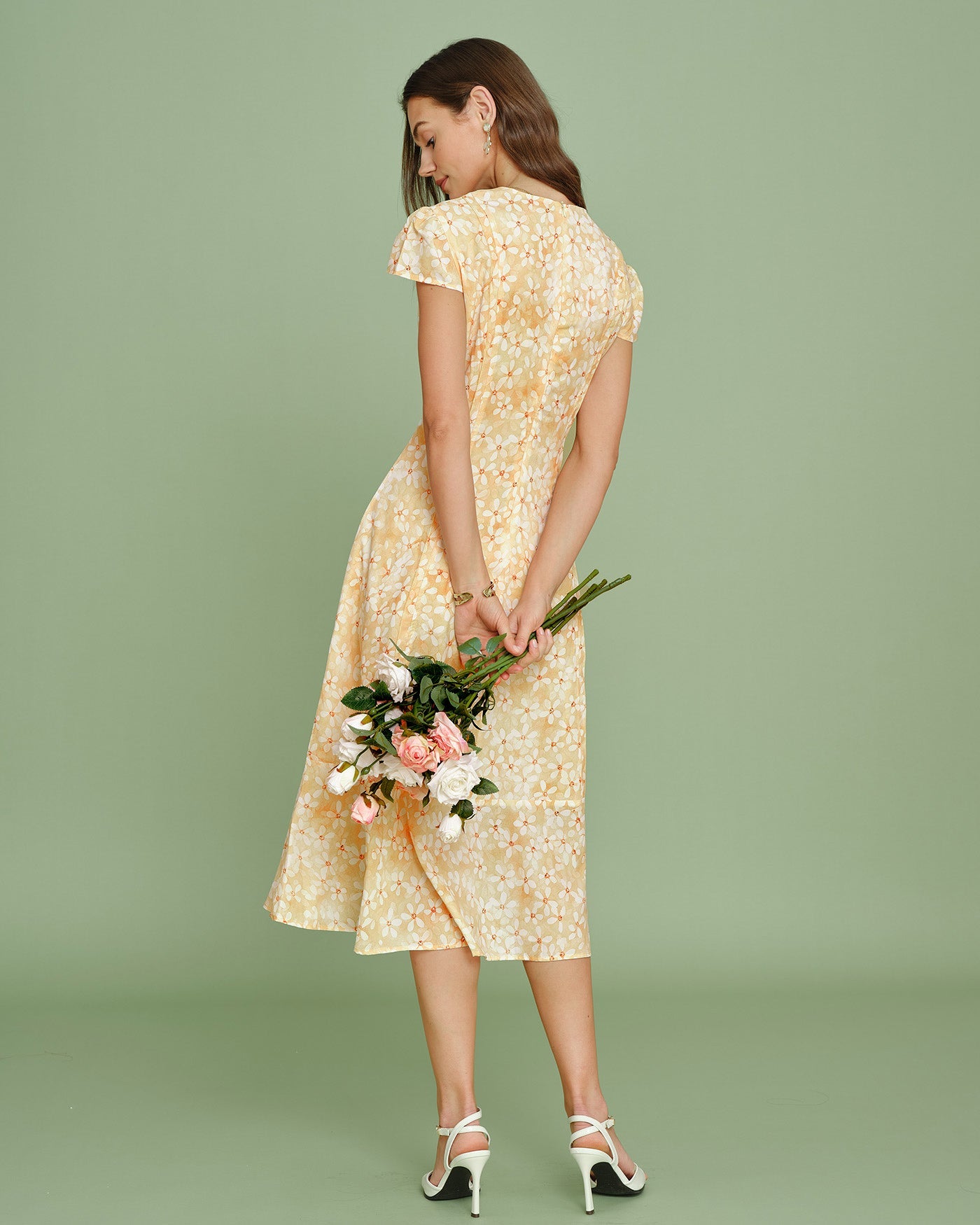 Floral Midi Dress with Yellow Cap Sleeves
