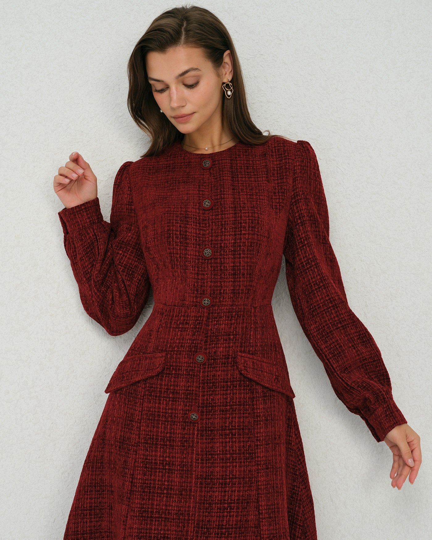 Crimson Lantern Sleeve A-Line Midi Dress