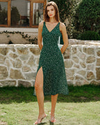 Floral Midi Dress with V-Neck in Green
