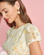Jacquard Midi Dress with Yellow Puffed Sleeves