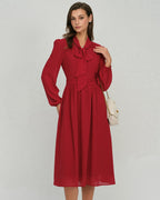 Wine Red Chiffon Midi Dress with Lantern Sleeves