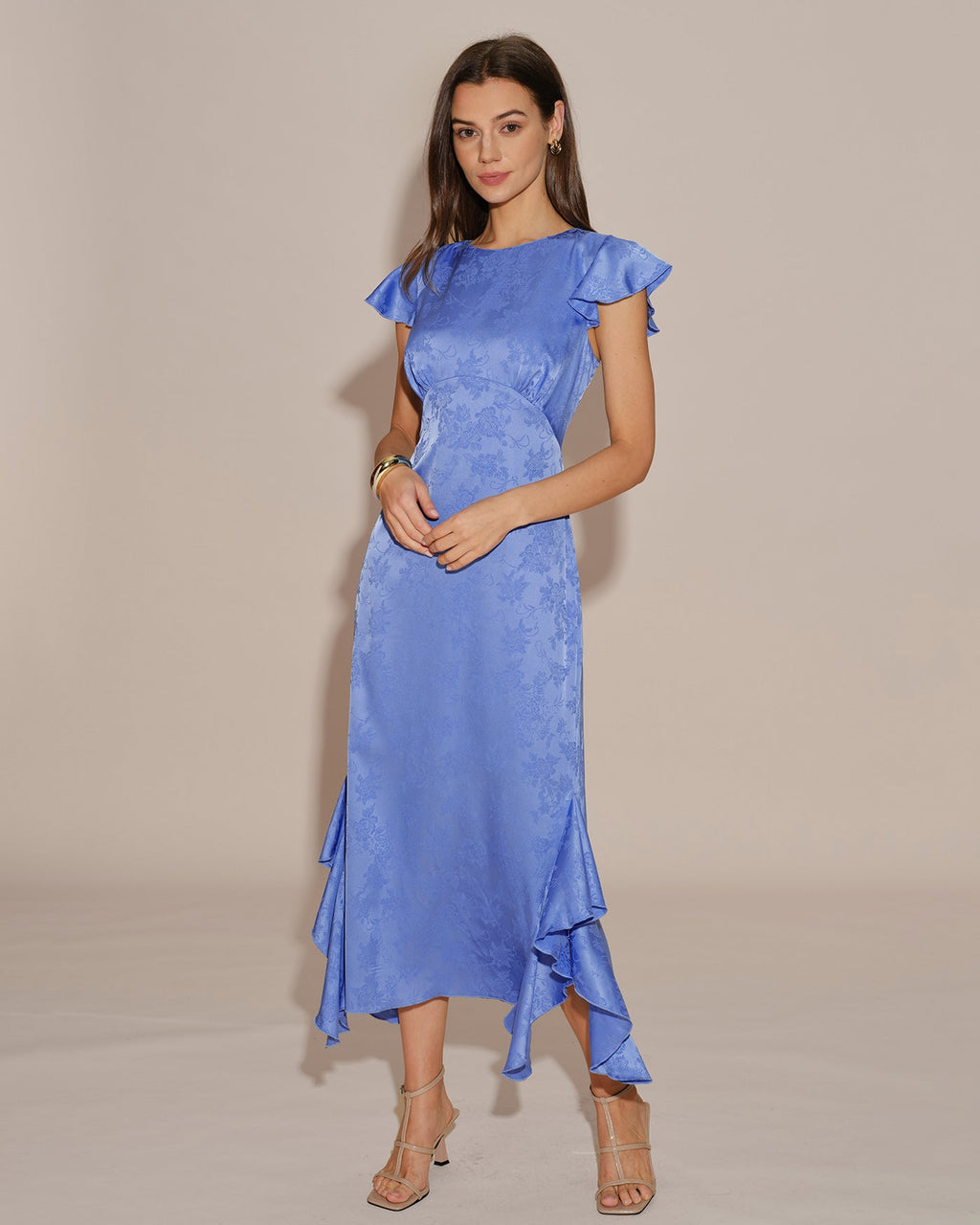 Blue Jacquard Ruffle Midi Dress with Boat Neck
