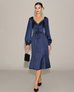 Navy Satin V-Neck Ruched Midi Dress