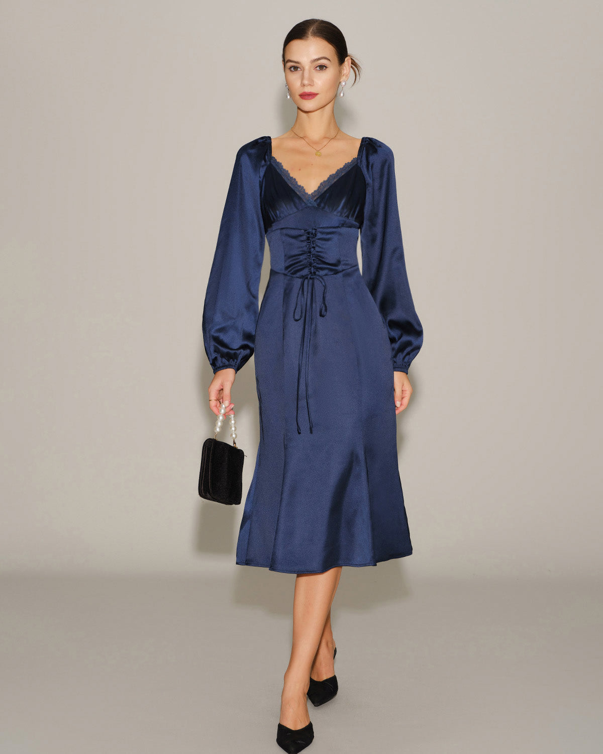 Navy Satin V-Neck Ruched Midi Dress