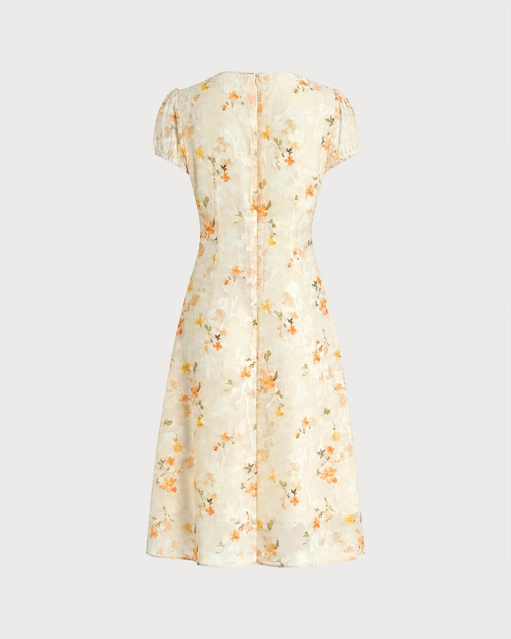 Jacquard Midi Dress with Yellow Puffed Sleeves