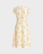 Jacquard Midi Dress with Yellow Puffed Sleeves