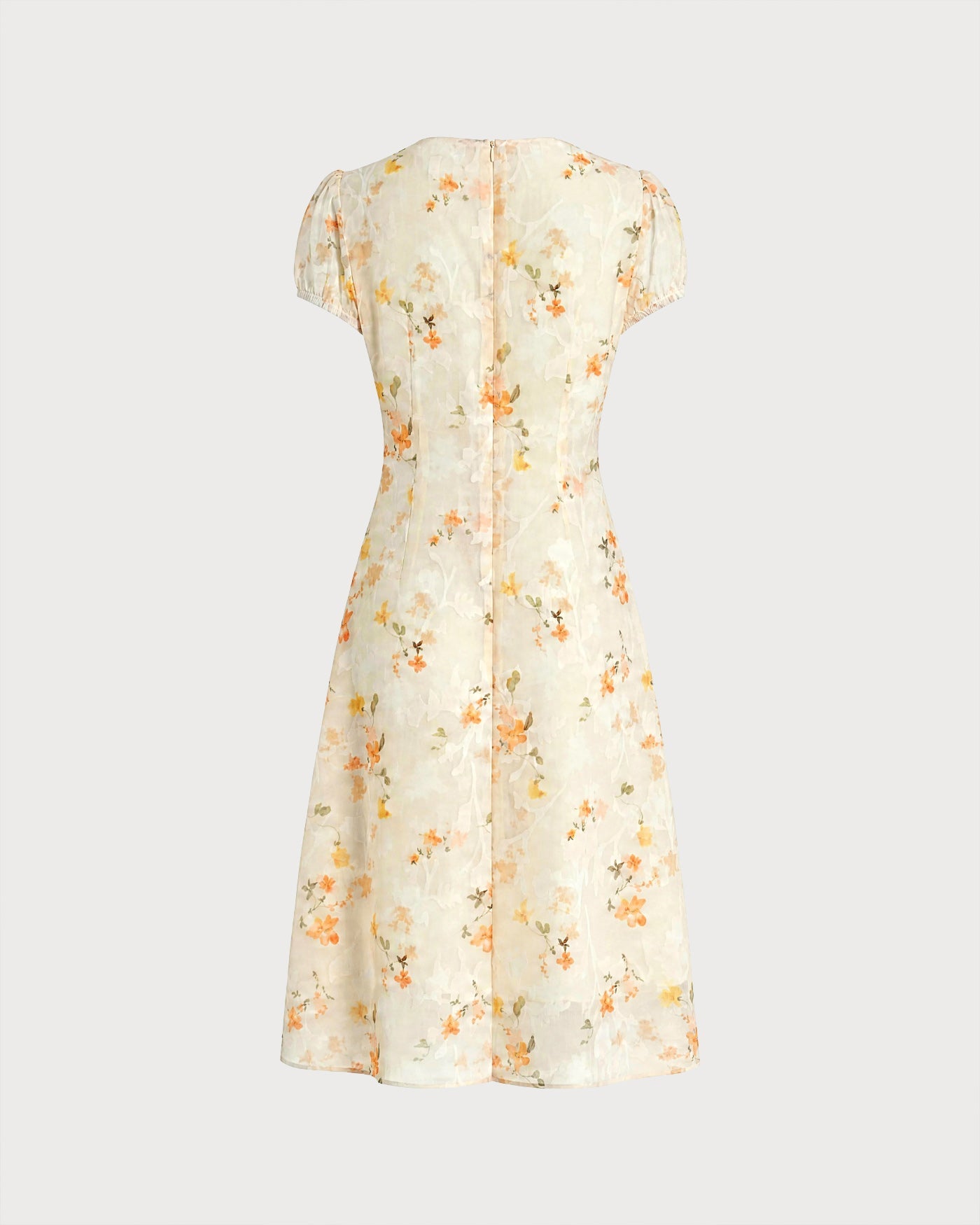 Jacquard Midi Dress with Yellow Puffed Sleeves