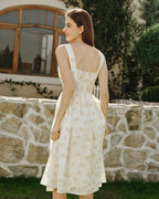 Yellow Floral Gathered Midi Dress