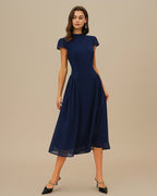 Blue Midi Dress with Puffed Sleeves