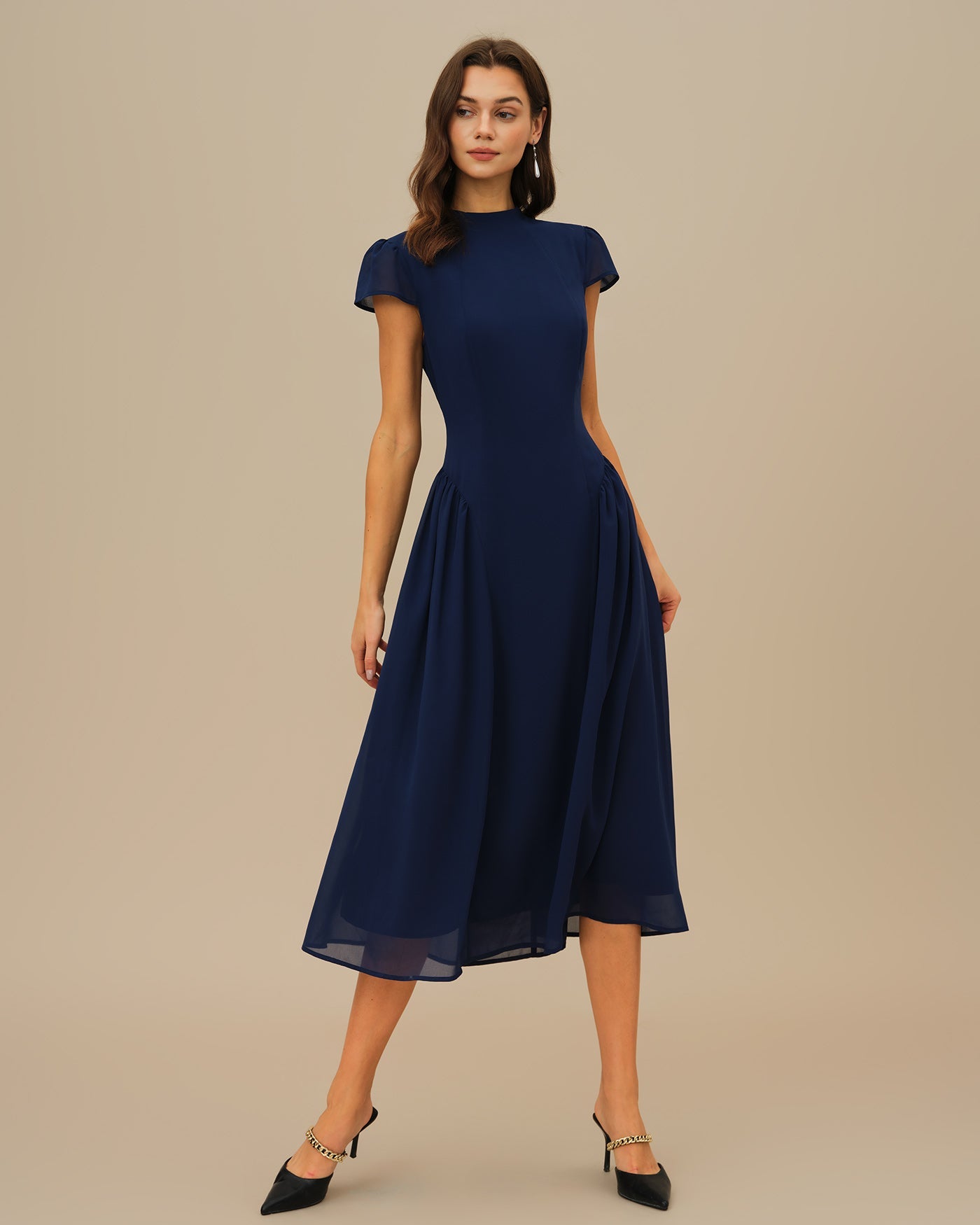 Blue Midi Dress with Puffed Sleeves