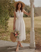 Striped White Sleeveless Midi Dress