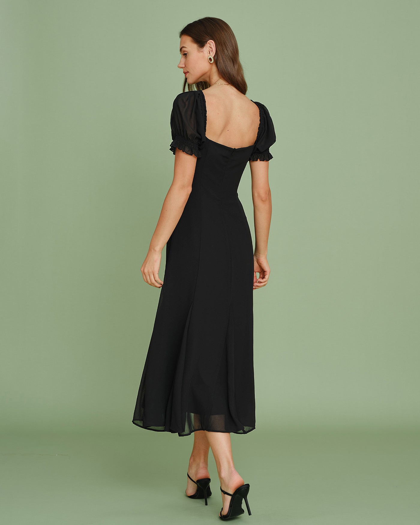 Black Midi Dress with V-Neck and Puffed Sleeves