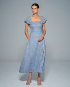 Floral Print Square Neck Midi Dress in Blue