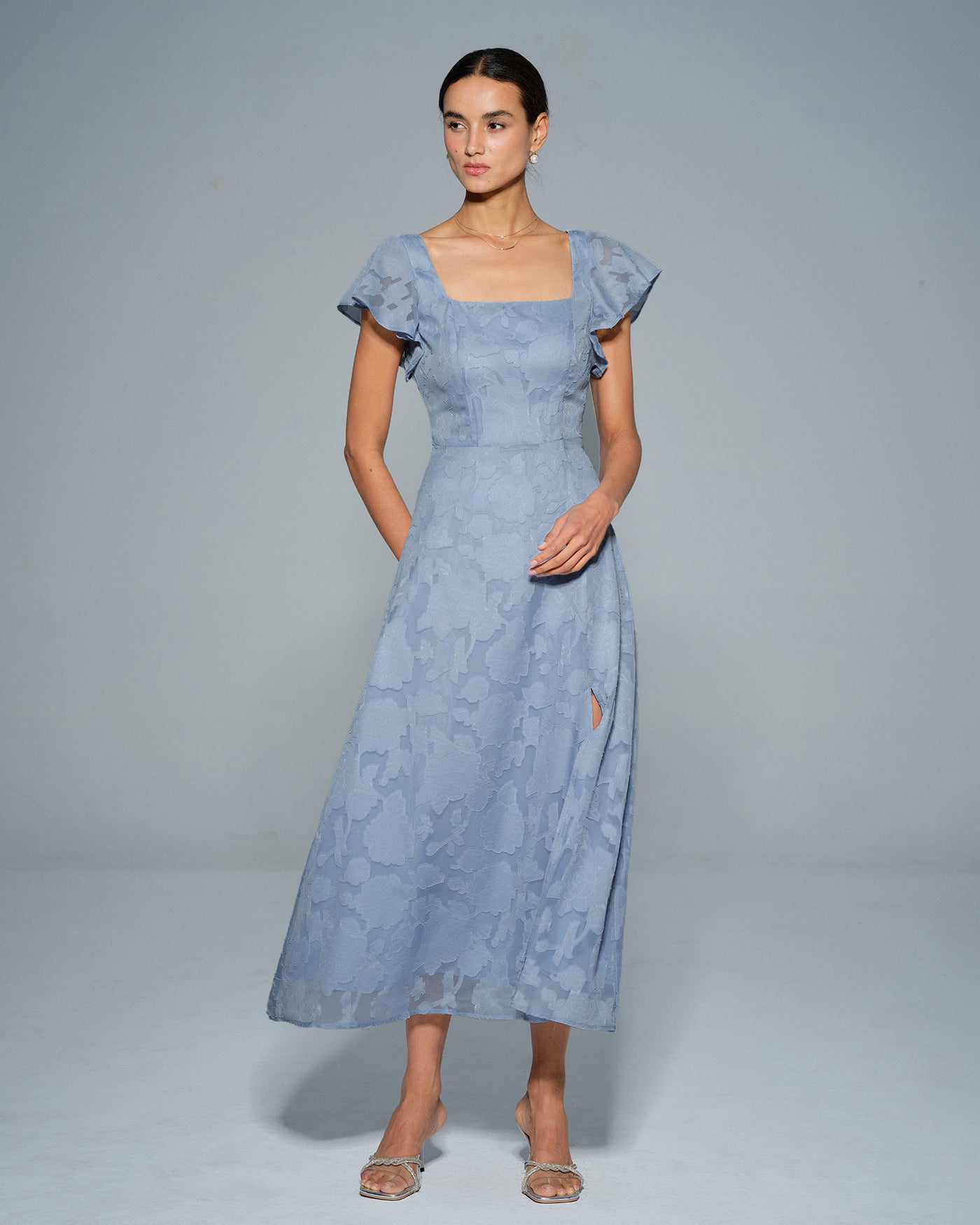 Floral Print Square Neck Midi Dress in Blue