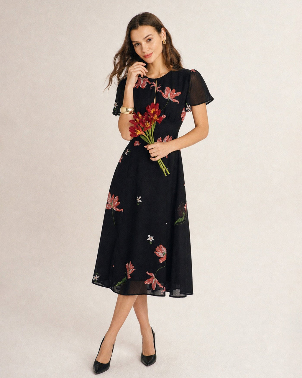 Floral Midi Dress with Black Cut-Out Details