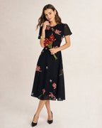 Floral Midi Dress with Black Cut-Out Details