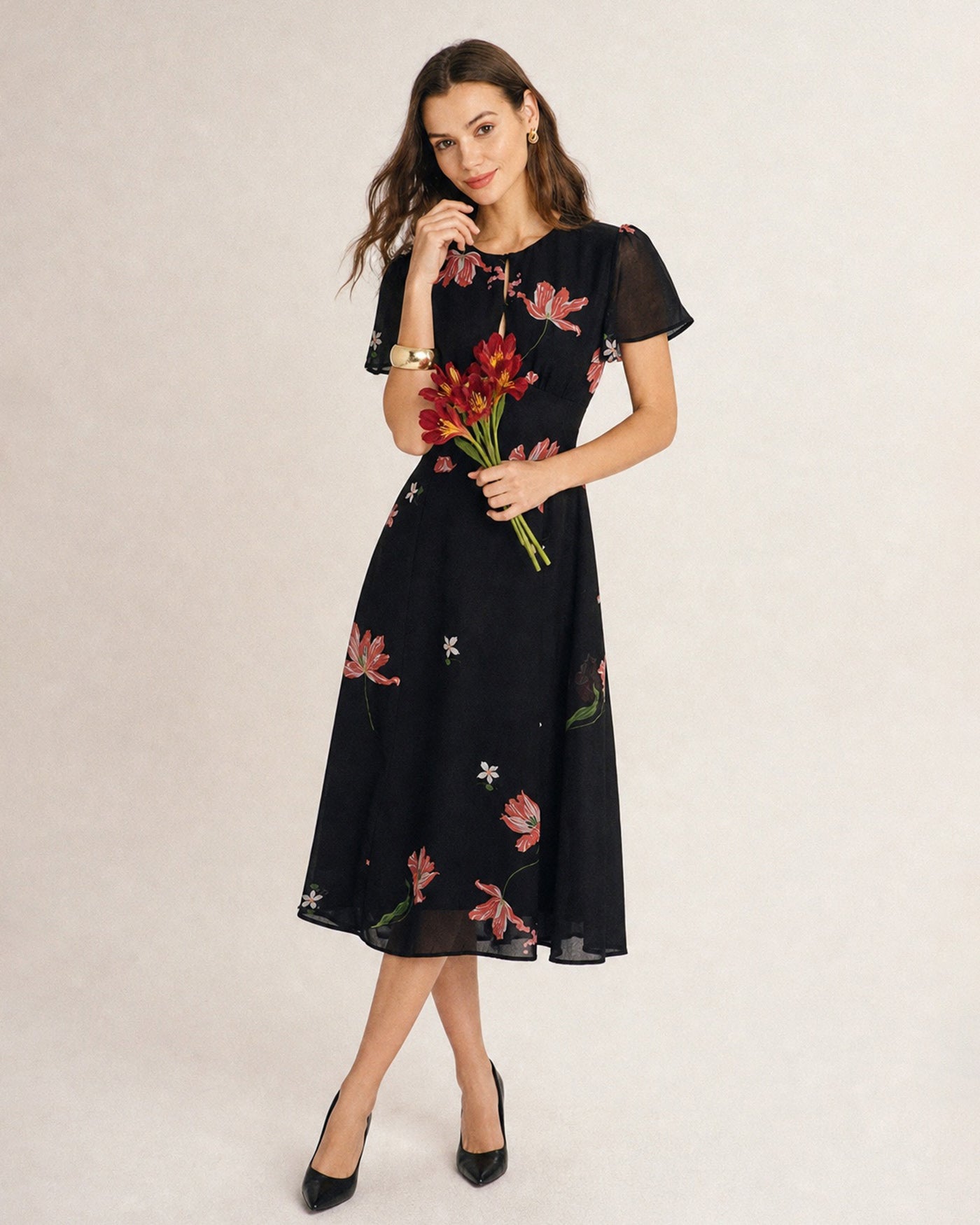 Floral Midi Dress with Black Cut-Out Details