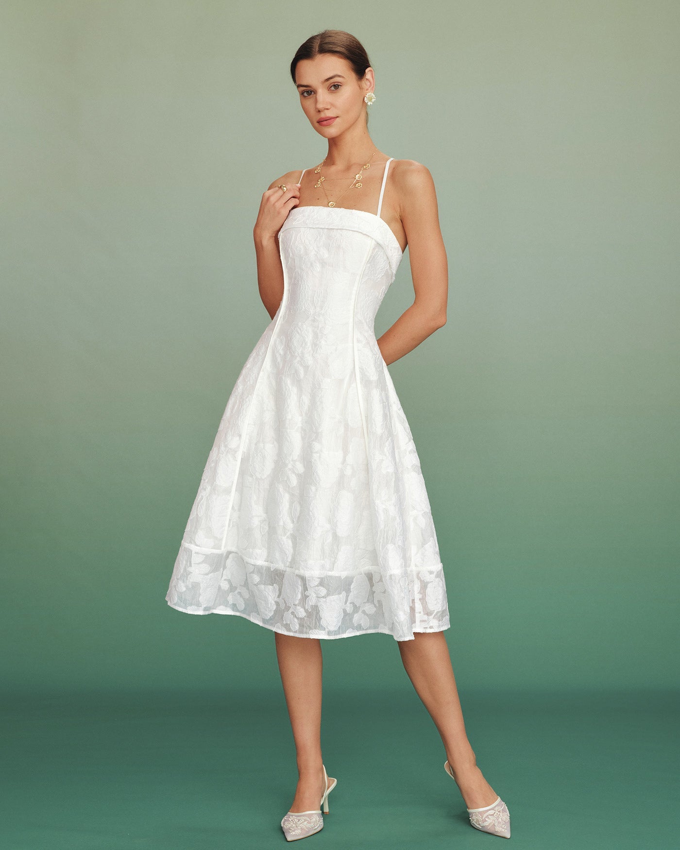 White Jacquard Midi Dress with Square Neckline