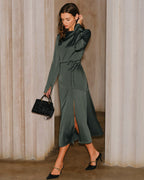 Emerald Satin Cowl Neck Midi Dress with Side Slit