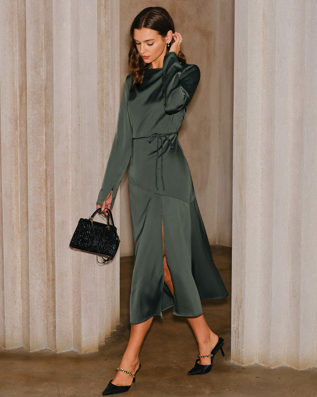 Emerald Satin Cowl Neck Midi Dress with Side Slit