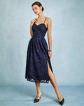Blue Jacquard A-Line Midi Slip Dress